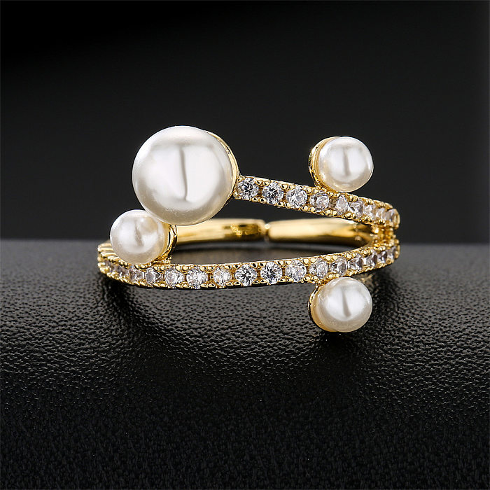 Plated 18K Gold Micro-encrusted Zircon Pearl Geometric Open Copper Ring Female