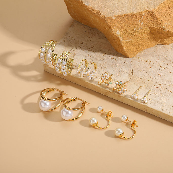 1 Pair Elegant Basic Geometric Plating Inlay Copper Pearl Zircon 14K Gold Plated Earrings
