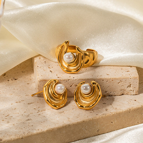 IG Style Simple Style Irregular Stainless Steel Plating Inlay Pearl 18K Gold Plated Rings Earrings