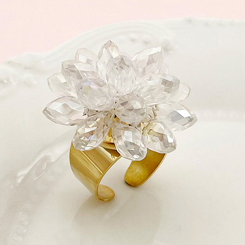 Estilo simples flor lótus chapeamento de aço inoxidável incrustação de cristal artificial anéis banhados a ouro