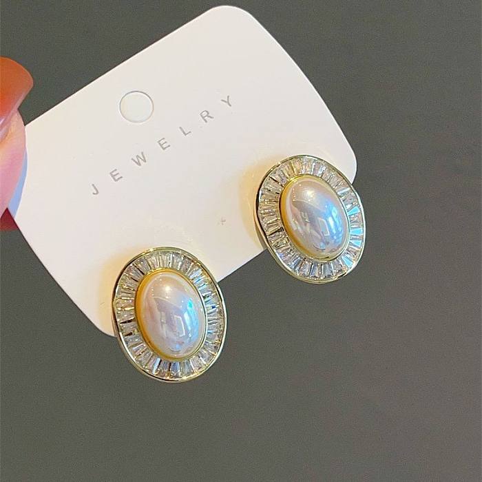 1 Pair Vintage Style Oval Plating Inlay Copper Pearl Zircon Ear Studs