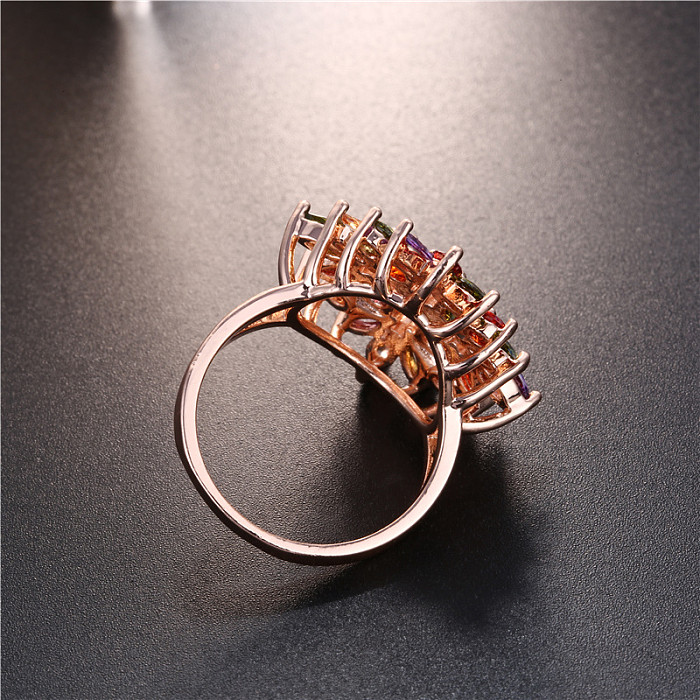 Elegante flor chapeamento de cobre embutimento zircão rosa anéis banhados a ouro