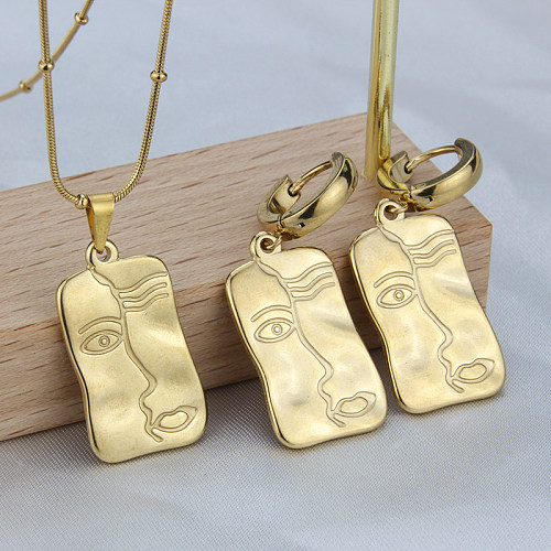 Fashion Human Face Stainless Steel Gold Plated Earrings Necklace