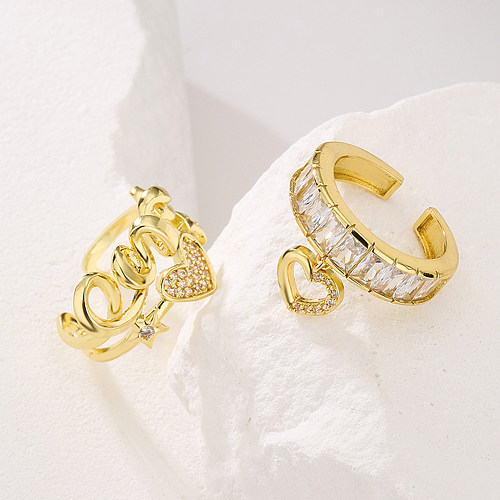 Anillo abierto de cobre con forma de corazón de amor a la moda, anillos de cobre de circón chapados en oro