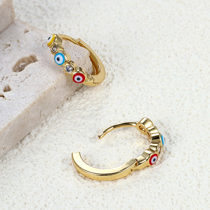 Fashion Devil'S Eye Heart Shape Copper Gold Plated Zircon Hoop Earrings 1 Pair