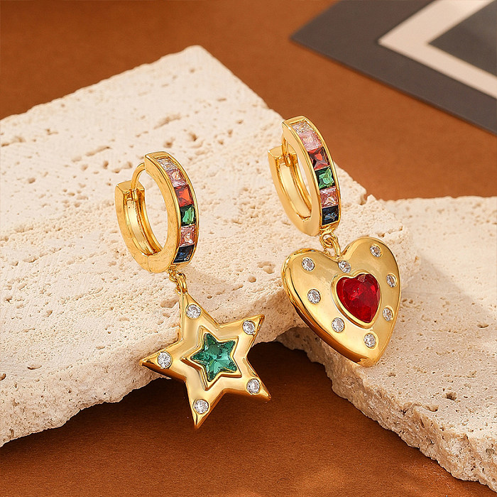 1 Pair Sweet Simple Style Pentagram Heart Shape Inlay Copper Crystal Zircon Drop Earrings