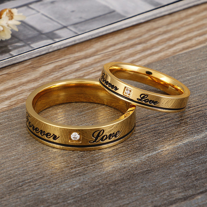 Foreign Trade Titanium Steel 18K Real Gold Fashion English Eternal Love Zircon Couple Ring