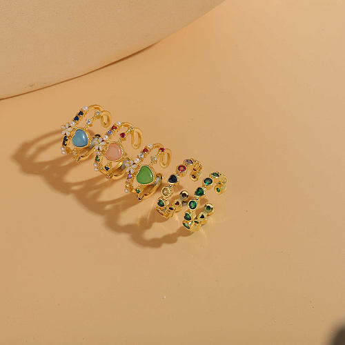 Elegante formato de coração doce chapeamento de cobre incrustado opala zircão anéis abertos banhados a ouro 14K