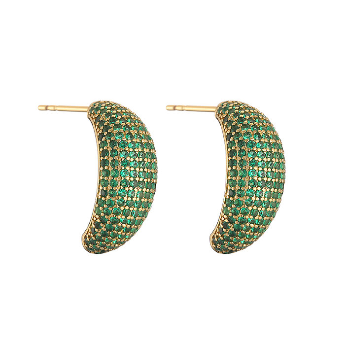 1 Pair Elegant Shiny C Shape Plating Inlay Copper Zircon 18K Gold Plated Earrings Ear Studs
