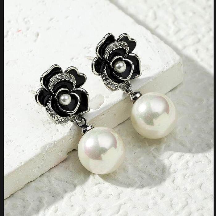 1 Pair Glam Lady Flower Enamel Plating Inlay Copper Artificial Pearls Zircon Drop Earrings