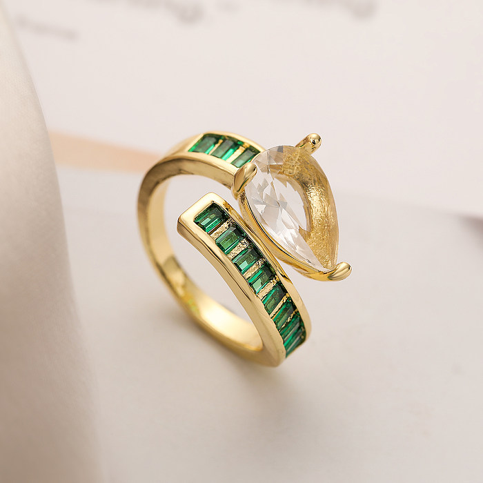 Simple Style Commute Geometric Water Droplets Copper Plating Inlay Zircon 18K Gold Plated Open Rings