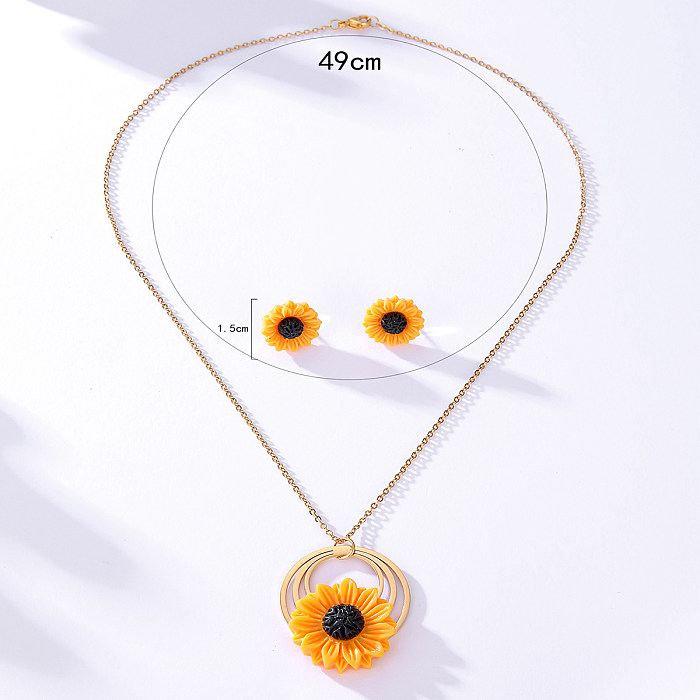 Ensemble de collier de boucles d'oreilles à tige de tournesol en or 18 carats galvanisé en acier inoxydable