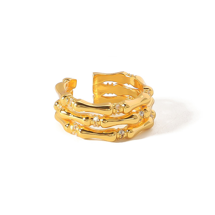 Modern Style C Shape Copper 18K Gold Plated Artificial Diamond Open Ring In Bulk