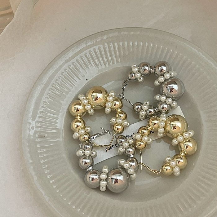 1 par elegante estilo vintage geométrico cor bloco chapeamento imitação pérola cobre branco banhado a ouro brincos de argola