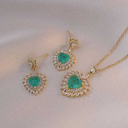 Conjunto de joyería de collar y pendientes de mujer de circonio con incrustaciones de acero titanio en forma de corazón lujoso