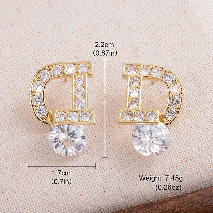 1 Pair IG Style Elegant Sweet Letter Plating Inlay Copper Zircon 14K Gold Plated Ear Studs