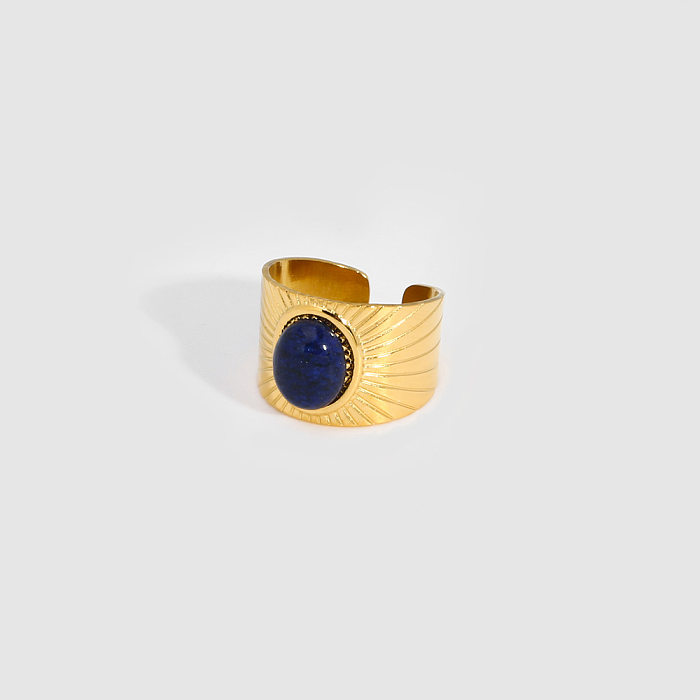 Retro Streetwear Oval Stainless Steel Plating Inlay Natural Stone 18K Gold Plated Open Rings