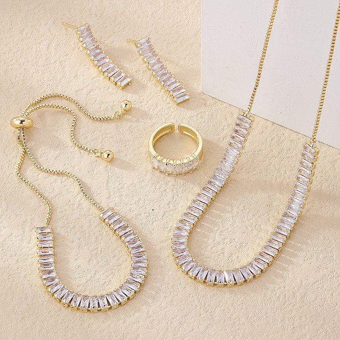 Collar de pendientes de anillos de circonio con incrustaciones de cobre rectangulares geométricos brillantes de estilo Simple