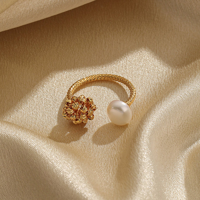IG Style Flower Copper Plating Inlay Freshwater Pearl 18K Gold Plated Open Rings