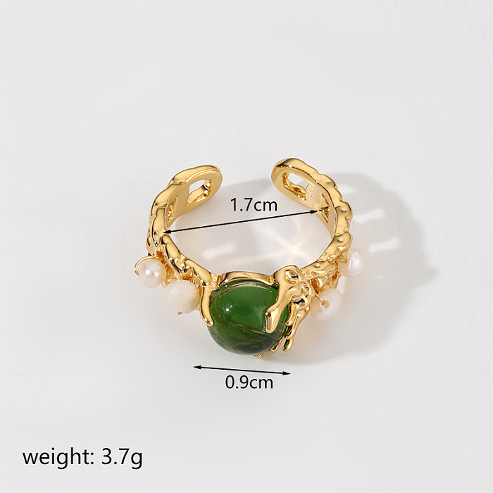 IG Style Round Copper Pearl Plating Inlay Zircon 18K Gold Plated Open Rings