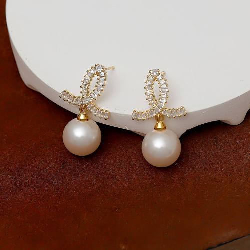 1 paire de boucles d'oreilles en cuivre et Zircon pour femmes, incrustation de placage de perles, Imitation de perles