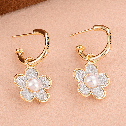 1 Paar Ohrringe im IG-Stil mit glänzender Blumenbeschichtung, Kupferperle und 14-Karat-Vergoldung