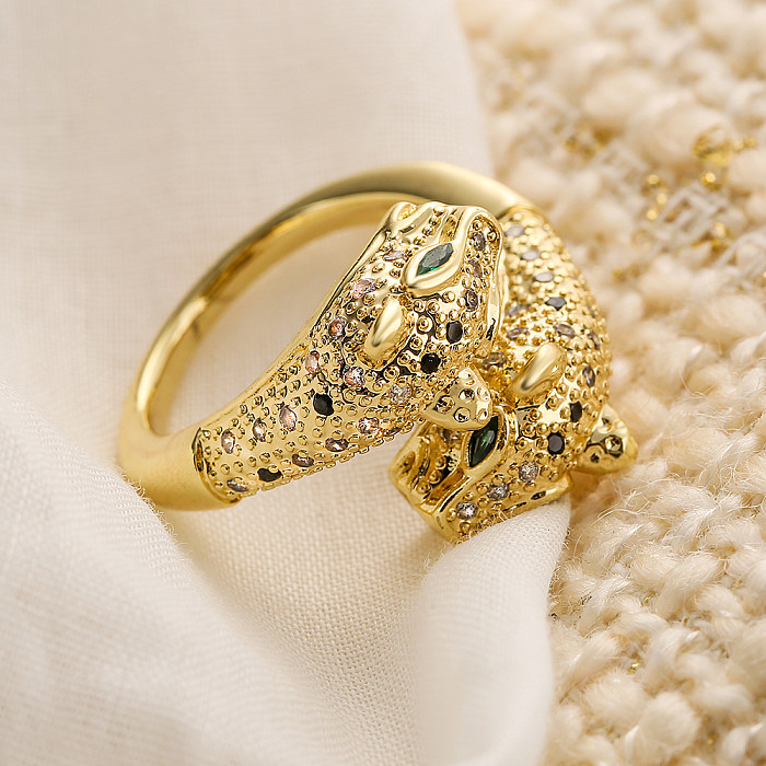 1 Stück offener Ring im coolen Stil mit Tierverkupferung und Inlay-Zirkon, 18 Karat vergoldet