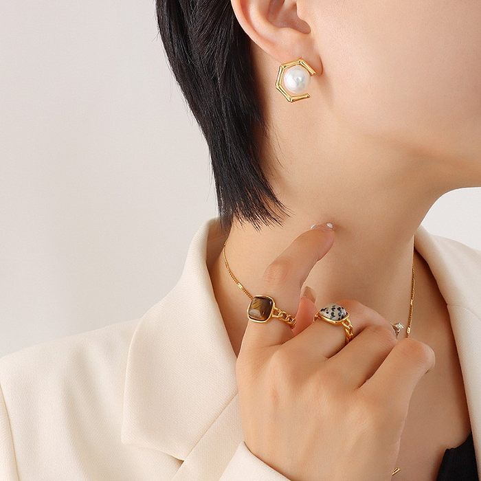 Fashion Geometric Inlaid Imitation Pearl Pendant Titanium Steel Earrings Necklace Jewelry Set