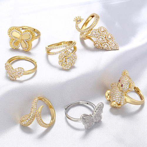 Elegante luxuoso cobra borboleta cobre chapeamento inlay zircon 18k anéis abertos banhados a ouro