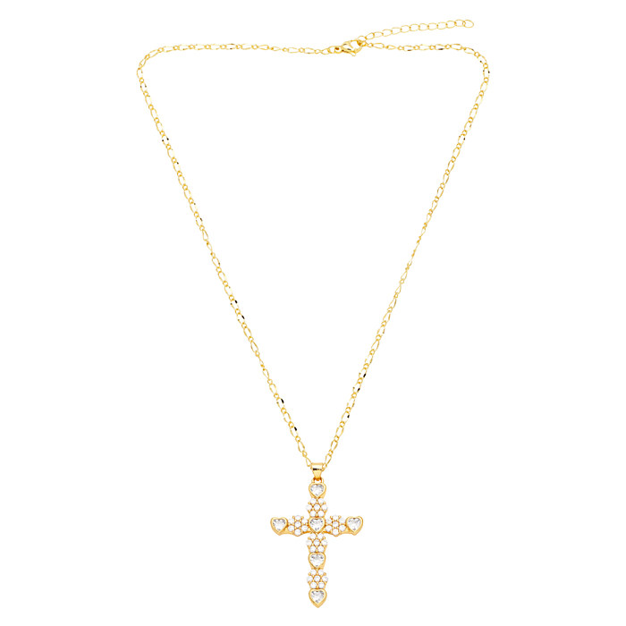 Casual Simple Style Streetwear Cross Copper Plating Inlay Zircon 18K Gold Plated Pendant Necklace