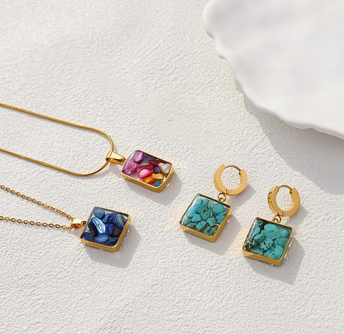 Sweet Simple Style Square Stainless Steel Natural Stone Epoxy Plating Gold Plated Earrings Necklace