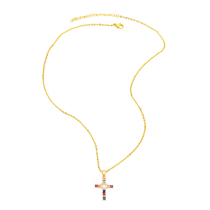 Schlichter Stil, koreanischer Stil, Kreuzblume, Kupfer, 18 Karat vergoldet, Zirkon-Anhänger-Halskette in großen Mengen