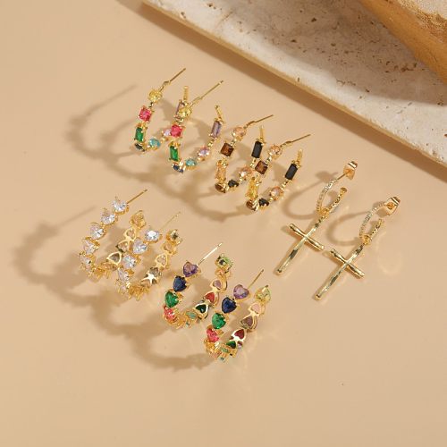 1 paire de boucles d'oreilles en forme de cœur et de croix douce de Style IG, incrustation de cuivre et de Zircon plaqué or 14 carats