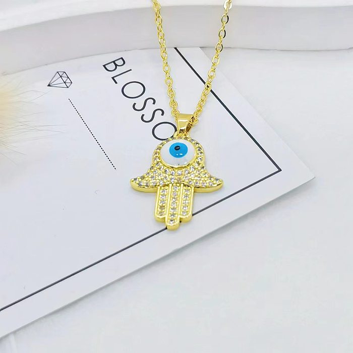 IG Style Devil'S Eye Palm Owl Copper Plating Inlay Zircon Pendant Necklace