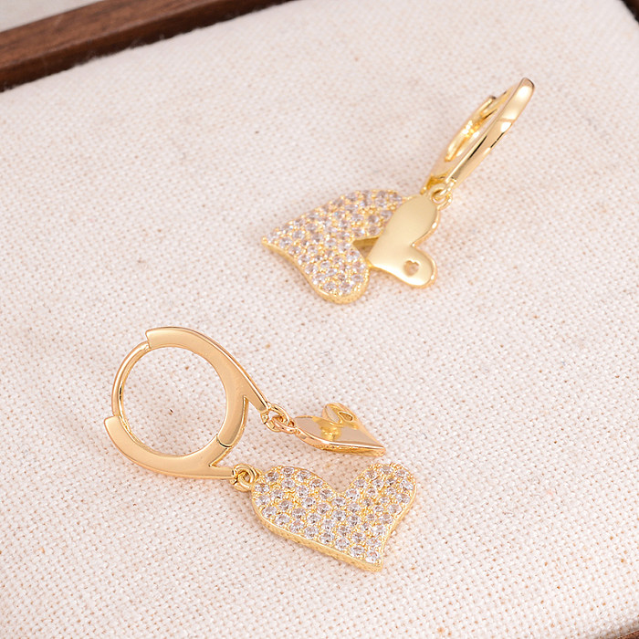 1 paire de boucles d'oreilles élégantes de Style français en forme de cœur, incrustation de cuivre et de Zircon plaqué or 14 carats