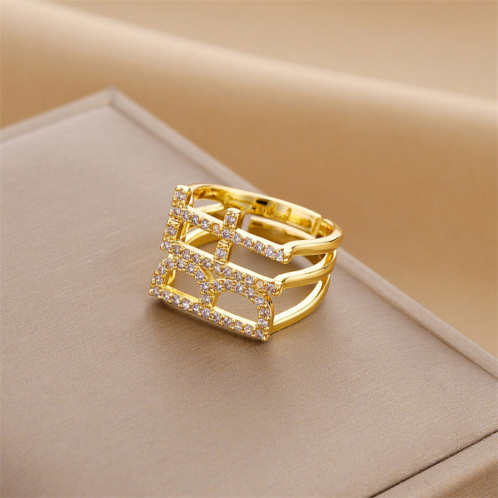 Modischer offener Ring mit geometrischer Verkupferung, künstlichen Perlen und Zirkon, 1 Stück