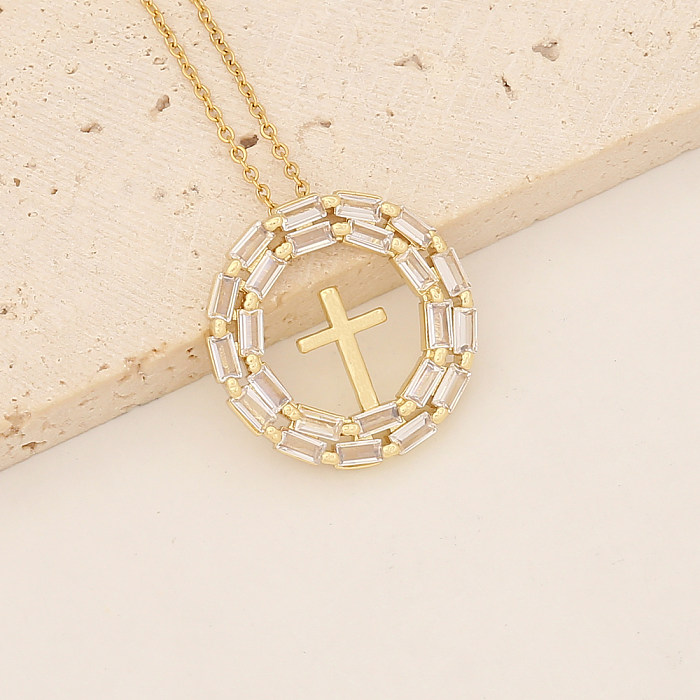 Collier avec pendentif en forme de croix ovale, Style Vintage, en acier inoxydable, cuivre, perles artificielles, Zircon, en vrac