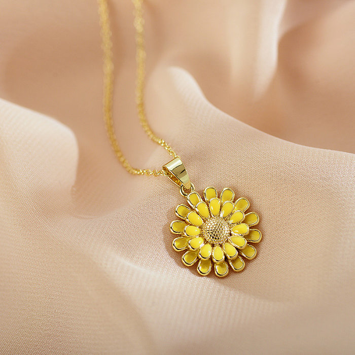 Halskette mit pastoralem Sonnenblumen-Kupfer-Emaille-Anhänger