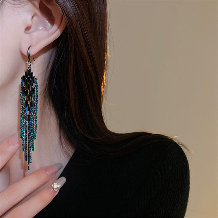 1 Pair Luxurious Tassel Copper Inlay Rhinestones Zircon Drop Earrings