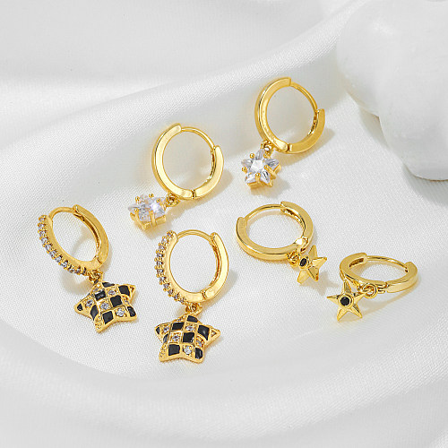 1 conjunto elegante estilo simples estrela chapeamento incrustação de latão zircão brincos banhados a ouro 18K