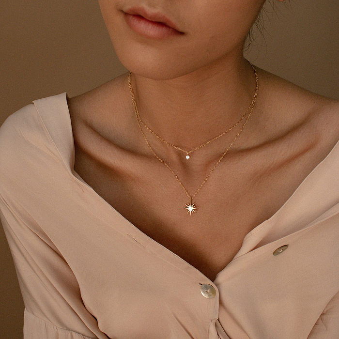 Sweet Star Copper Inlay Zircon Double Layer Necklaces