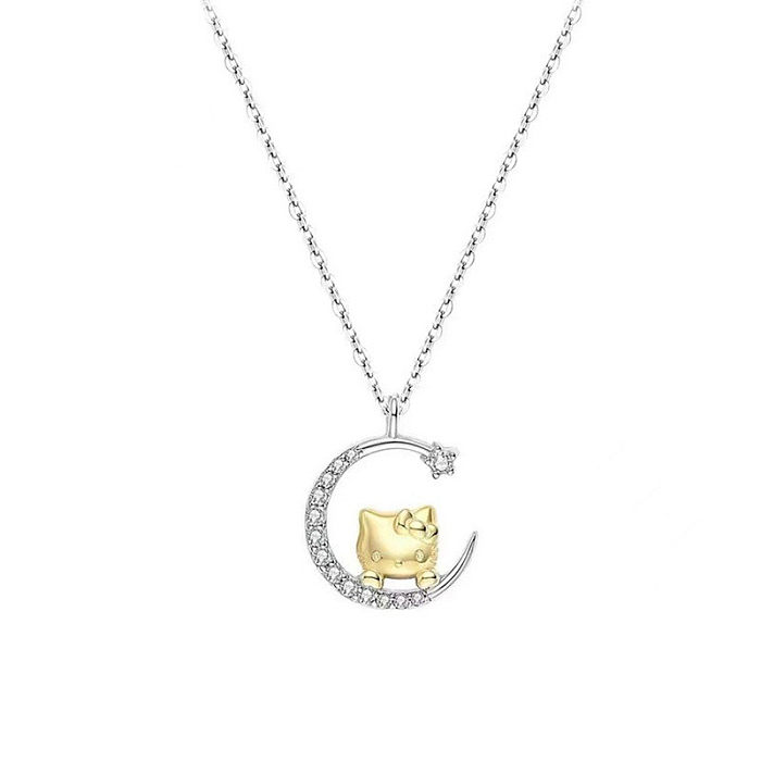 Style Simple étoile lune chat cuivre placage incrustation diamant artificiel plaqué or argent plaqué pendentif collier