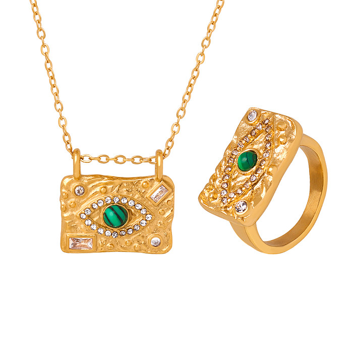 Elegant Luxurious Devil's Eye Square Titanium Steel Plating Inlay Turquoise Rhinestones Zircon 18K Gold Plated Rings Necklace