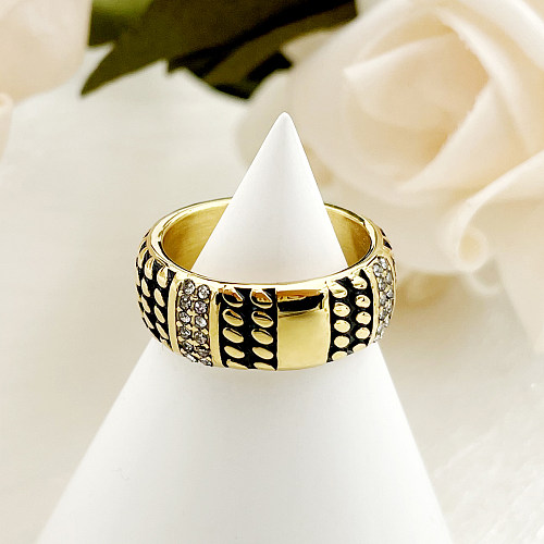 Estilo vintage punk redondo aço inoxidável chapeamento de metal diamante zircão anéis banhados a ouro