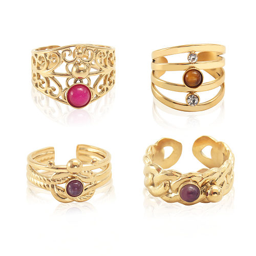 Baroque Style Solid Color Stainless Steel Plating Inlay Natural Stone Gold Plated Open Rings