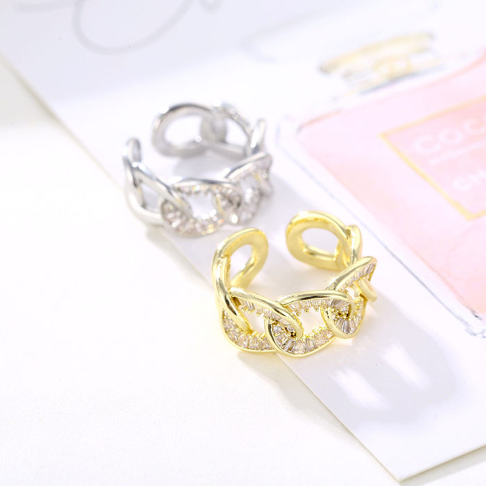 Einfacher, geometrischer, verkupferter offener Ring mit Zirkon-Weißgold-Beschichtung