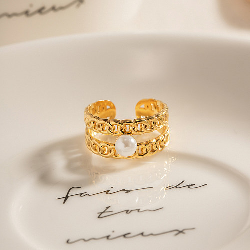 INS-Stil, einfacher Stil, runder offener Ring mit Edelstahlbeschichtung, ausgehöhlter Intarsienperle, 18 Karat vergoldet