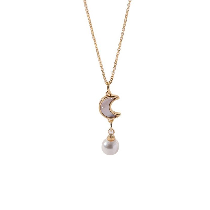 Collar con colgante de circonio y perlas artificiales chapado en cobre con forma de corazón y Luna de estilo sencillo, 1 pieza