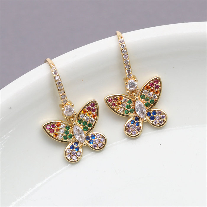 1 Pair Elegant Tortoise Butterfly Enamel Inlay Copper Zircon Gold Plated Drop Earrings