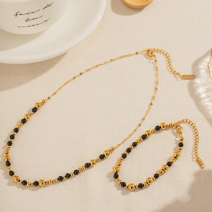 Collier plaqué or 18 carats avec perles rondes en acier inoxydable de style simple et décontracté